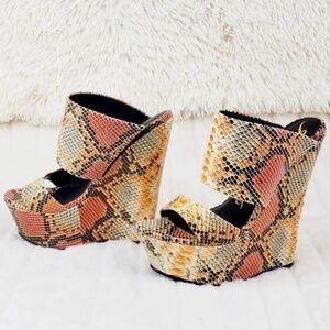 Nelly Bernal Orange Snake Print Slip On 6" Wedge Heel